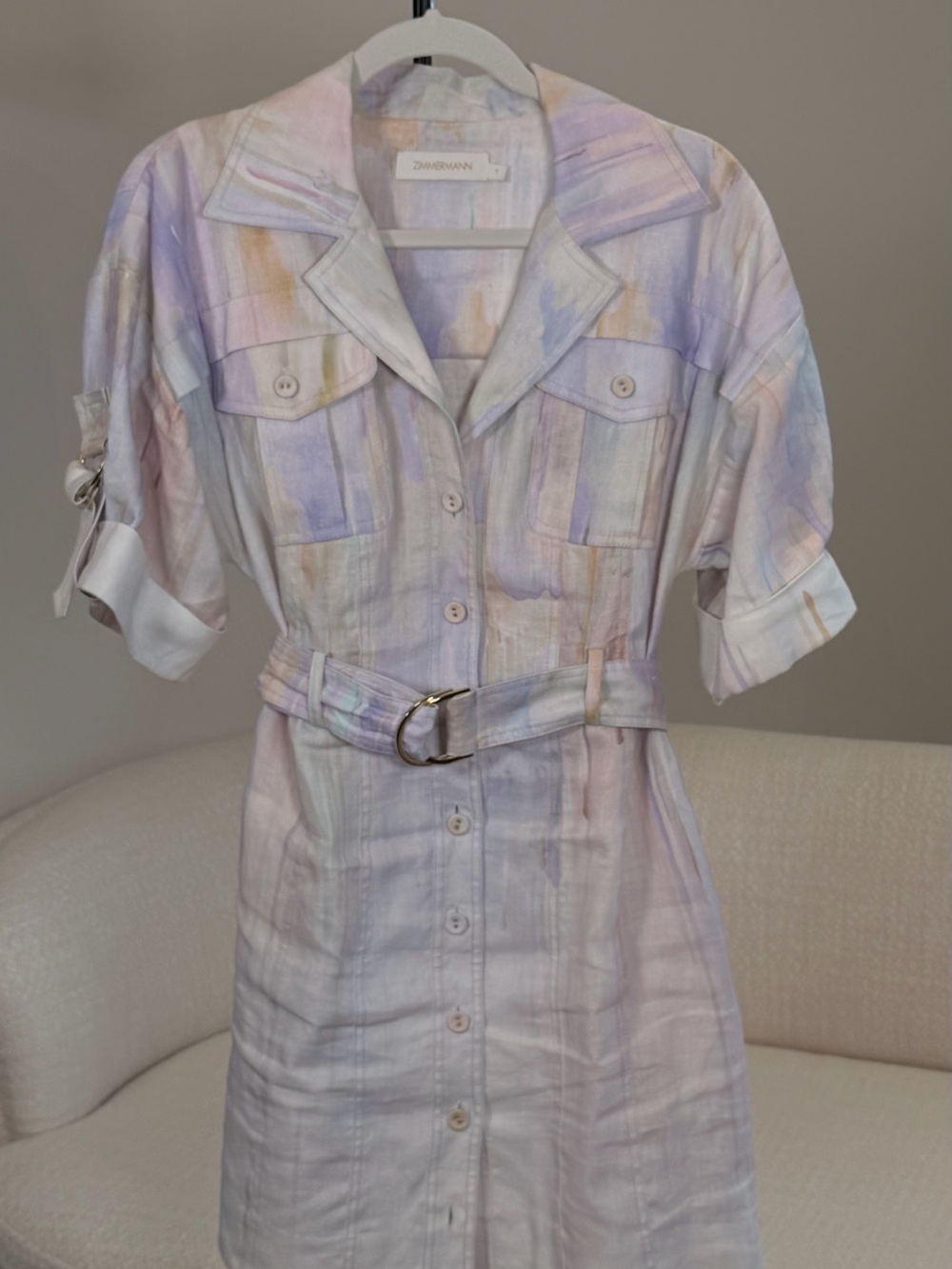 Authentic Zimmermann Pastel Watercolor Linen Utility Mini Dress – Size US 4